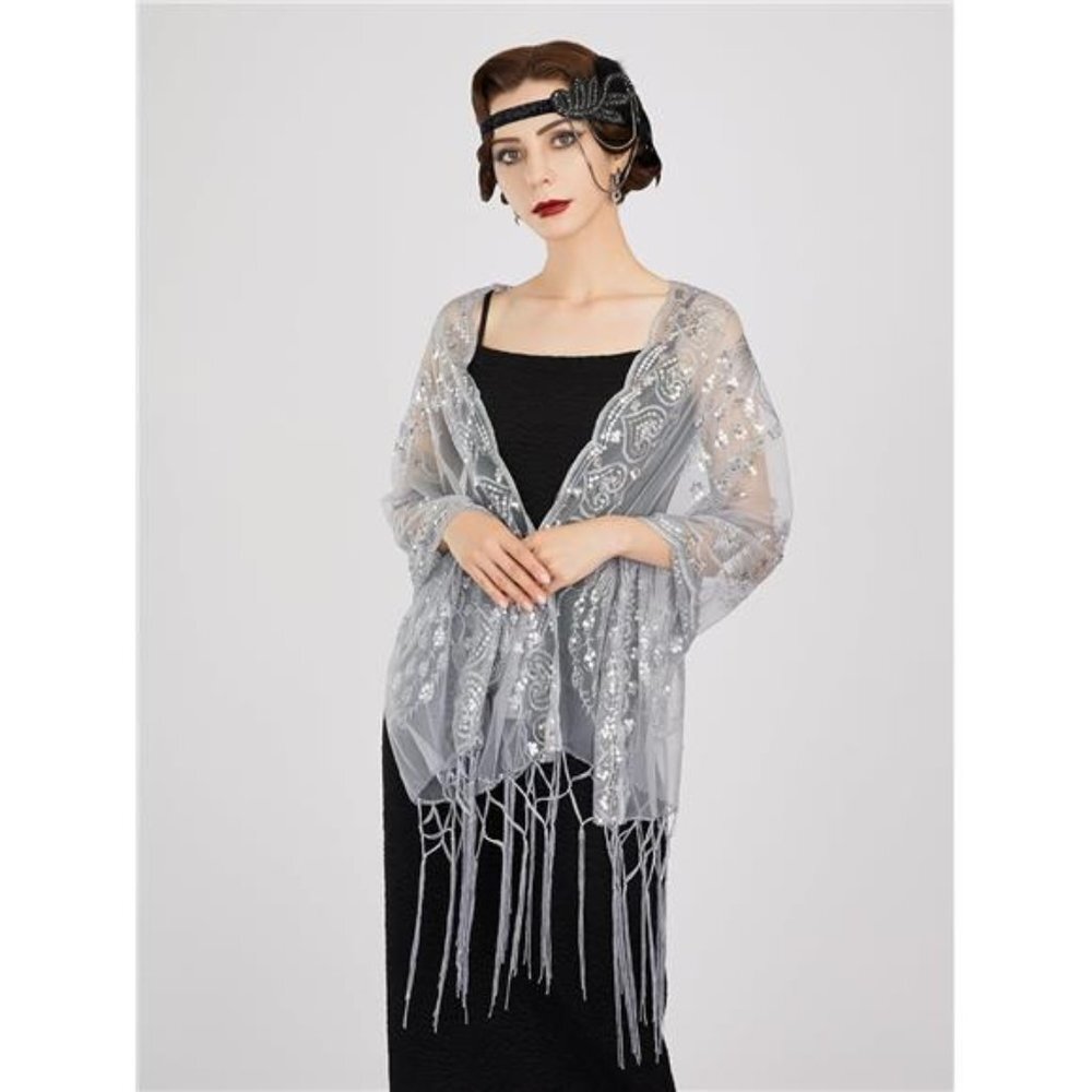 Silver 1920s Retro Fringe Sequin Lace Shawl Wrap‎ Long Evening Party Shawl Shrug - Picture 3 of 7